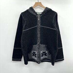 Aran Crafts Merino Wool Zip Up Knit Hooded Sweater in Black Gray Size S